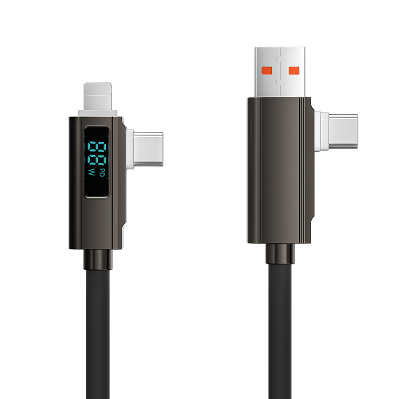 Kábel s digitálnym displejom 4 v 1 rýchlonabíjanie PD27W, zliatina zinku + silikón, konektory Lightning, Micro USB a USB-C