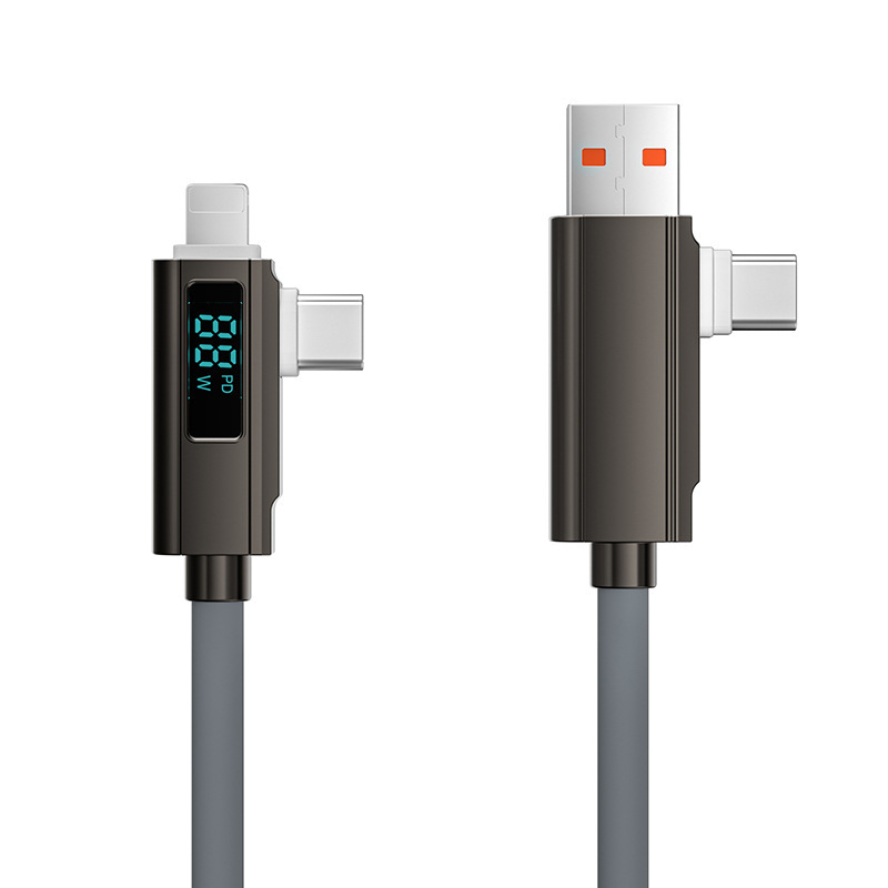 Kábel s digitálnym displejom 4 v 1 rýchlonabíjanie PD27W, zliatina zinku + silikón, konektory Lightning, Micro USB a USB-C