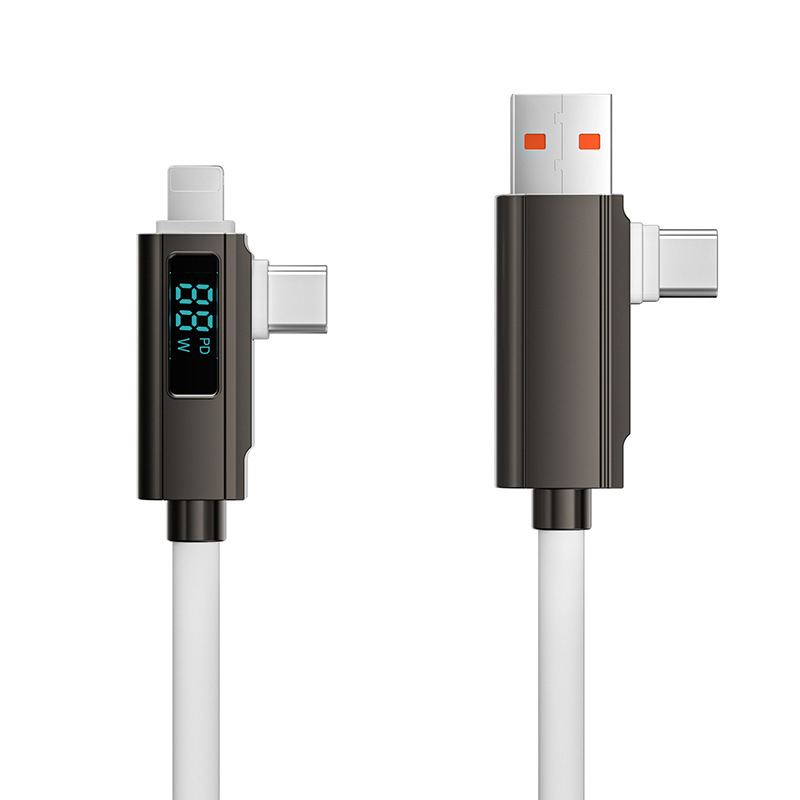 Kábel s digitálnym displejom 4 v 1 rýchlonabíjanie PD27W, zliatina zinku + silikón, konektory Lightning, Micro USB a USB-C