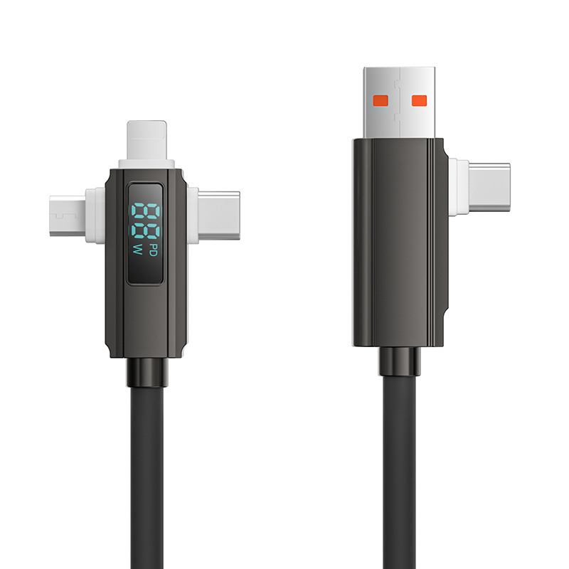 Kábel s digitálnym displejom 4 v 1 rýchlonabíjanie PD27W, zliatina zinku + silikón, konektory Lightning, Micro USB a USB-C