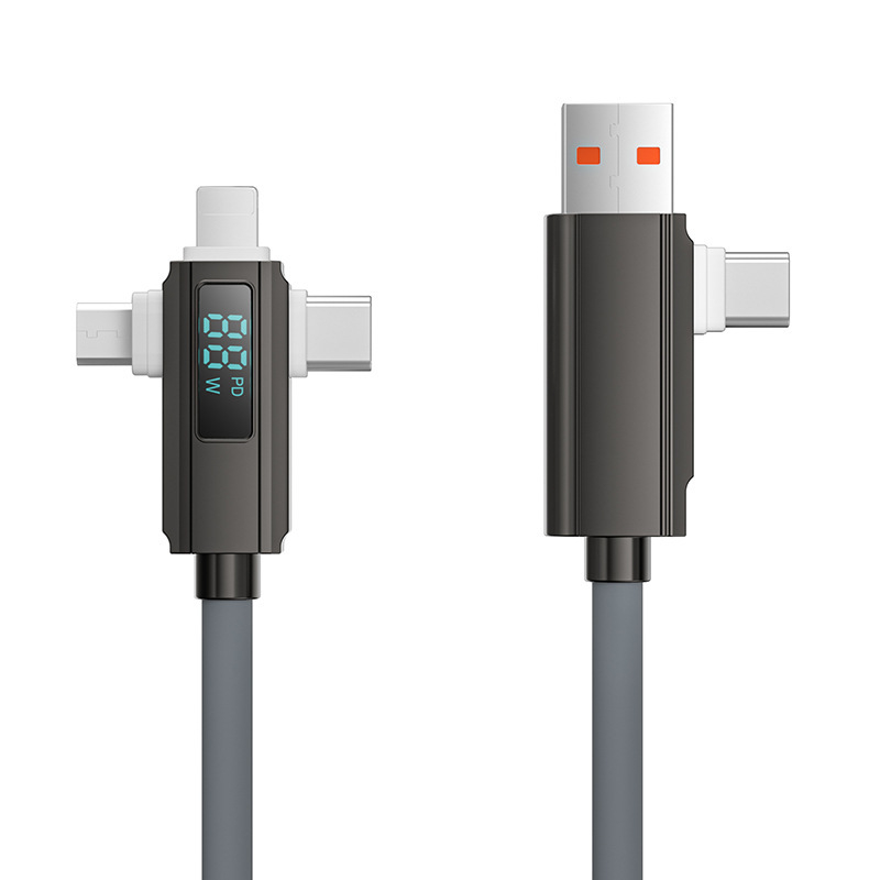 Kábel s digitálnym displejom 4 v 1 rýchlonabíjanie PD27W, zliatina zinku + silikón, konektory Lightning, Micro USB a USB-C