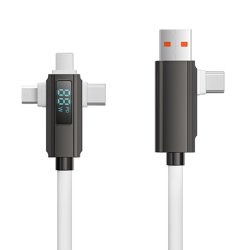 Kábel s digitálnym displejom 4 v 1 rýchlonabíjanie PD27W, zliatina zinku + silikón, konektory Lightning, Micro USB a USB-C