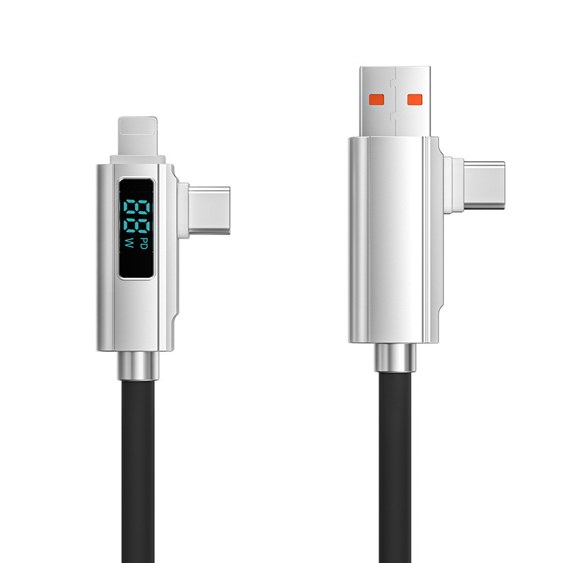 Kábel s digitálnym displejom 4 v 1 rýchlonabíjanie PD27W, zliatina zinku + silikón, konektory Lightning, Micro USB a USB-C