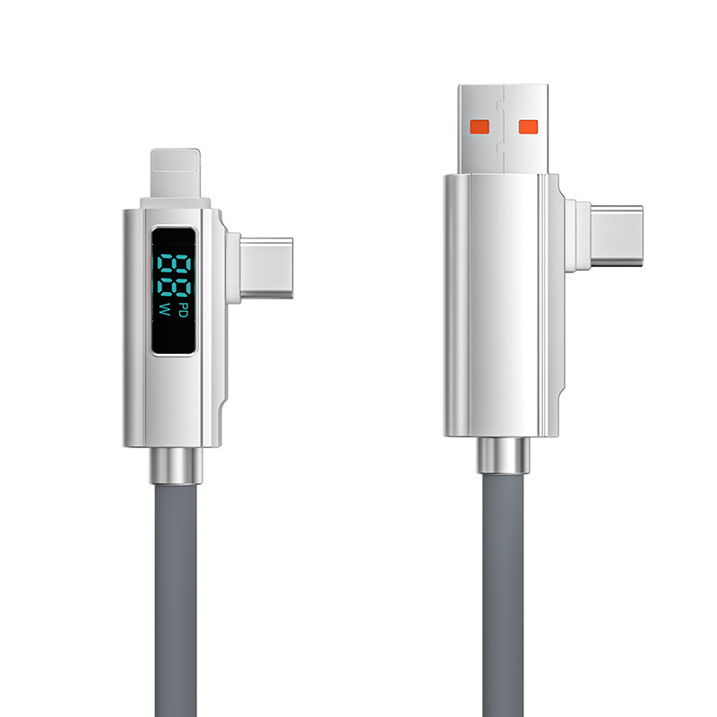 Kábel s digitálnym displejom 4 v 1 rýchlonabíjanie PD27W, zliatina zinku + silikón, konektory Lightning, Micro USB a USB-C