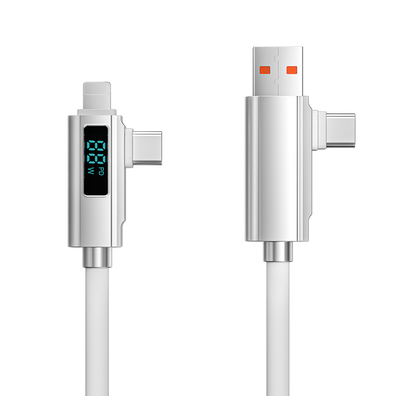 Kábel s digitálnym displejom 4 v 1 rýchlonabíjanie PD27W, zliatina zinku + silikón, konektory Lightning, Micro USB a USB-C