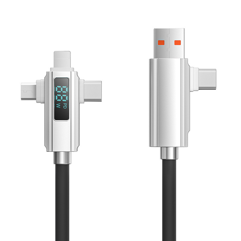 Kábel s digitálnym displejom 4 v 1 rýchlonabíjanie PD27W, zliatina zinku + silikón, konektory Lightning, Micro USB a USB-C