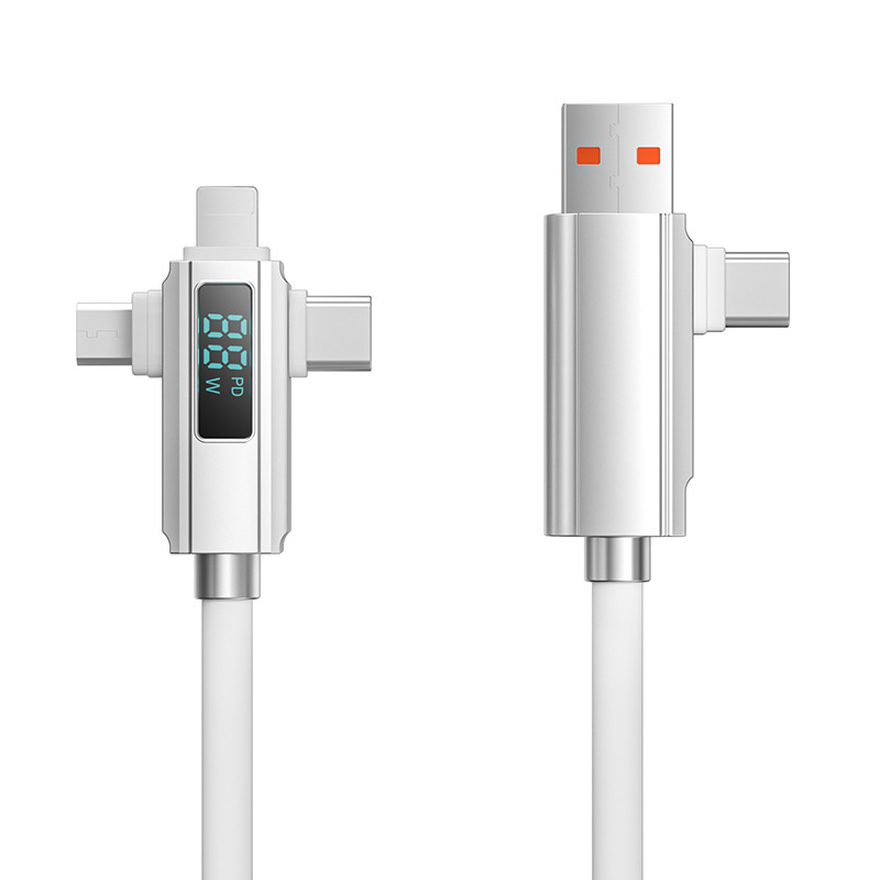 Kábel s digitálnym displejom 4 v 1 rýchlonabíjanie PD27W, zliatina zinku + silikón, konektory Lightning, Micro USB a USB-C