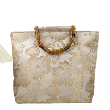 Vászon tote táska bambusz fogantyúval, nemzeti stílusú hímzéssel és cipzárral