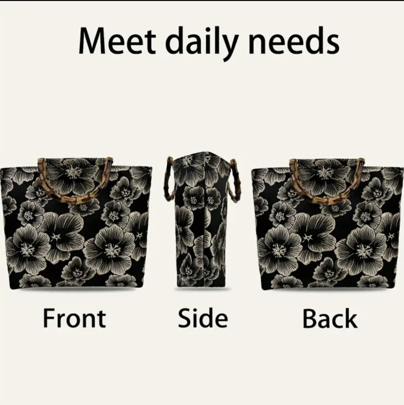 Vászon tote táska bambusz fogantyúval, nemzeti stílusú hímzéssel és cipzárral