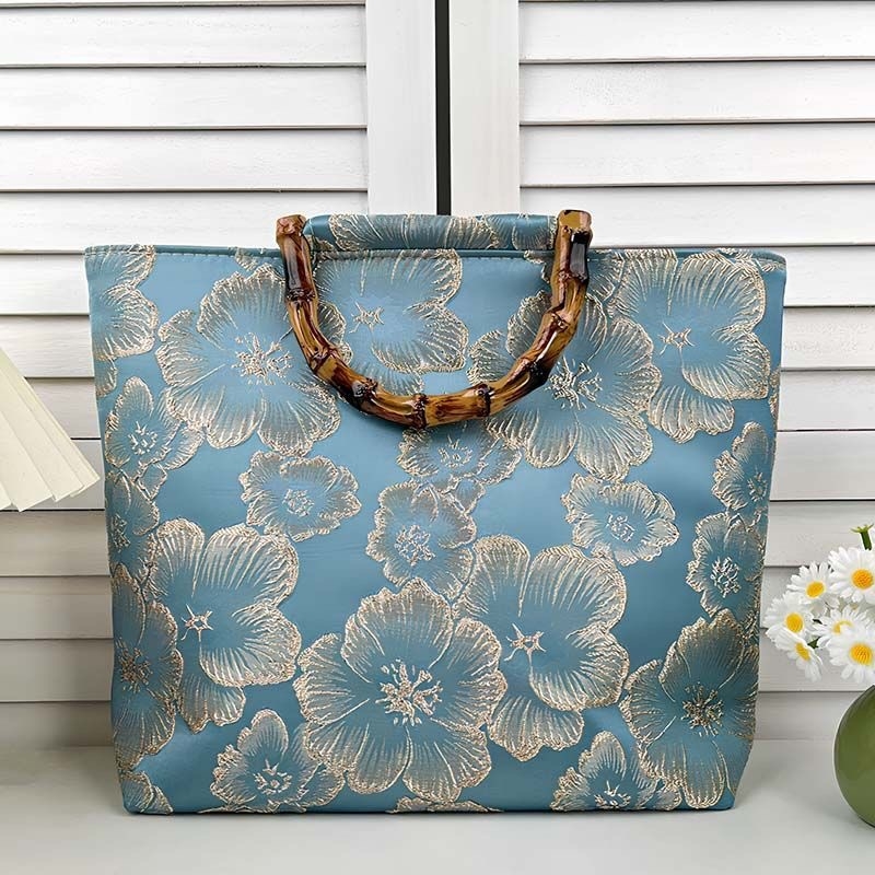 Vászon tote táska bambusz fogantyúval, nemzeti stílusú hímzéssel és cipzárral