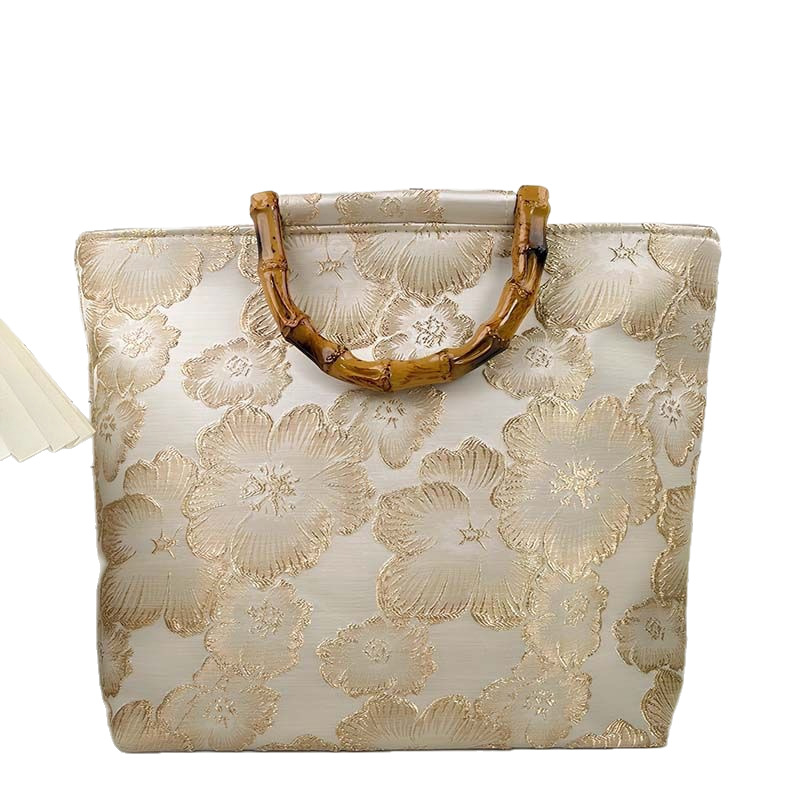 Vászon tote táska bambusz fogantyúval, nemzeti stílusú hímzéssel és cipzárral