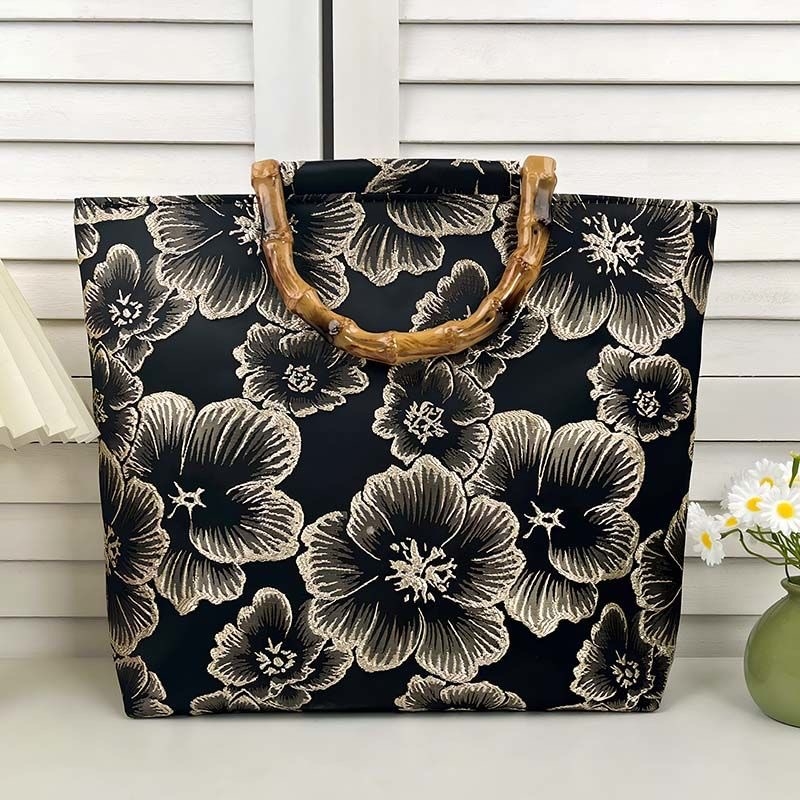 Vászon tote táska bambusz fogantyúval, nemzeti stílusú hímzéssel és cipzárral