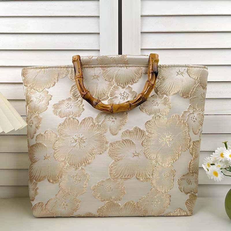 Vászon tote táska bambusz fogantyúval, nemzeti stílusú hímzéssel és cipzárral