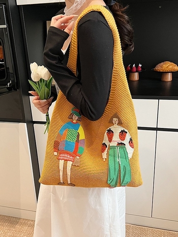 Nagy kapacitású kötött tote táska – pamut és len; függőleges négyszögletes forma; poliészter belső párnaház; nyitott kivitel; belső zseb mobiltelefonhoz