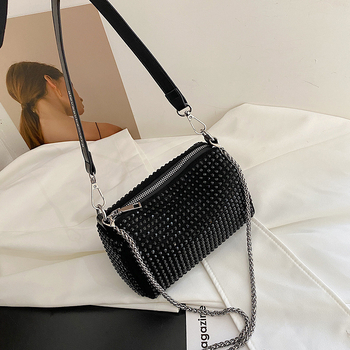 PU чанта с диаманти, хоризонтална квадратна форма, с цип за затваряне и скрит джоб с цип