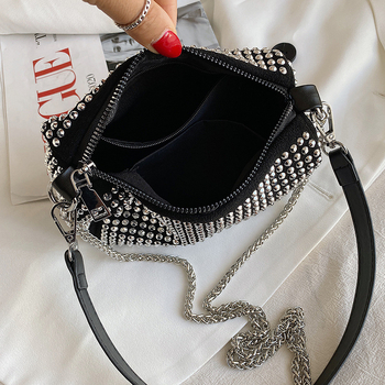 PU чанта с диаманти, хоризонтална квадратна форма, с цип за затваряне и скрит джоб с цип