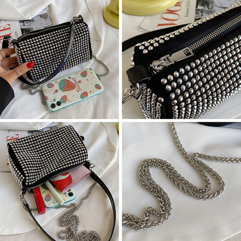 PU чанта с диаманти, хоризонтална квадратна форма, с цип за затваряне и скрит джоб с цип