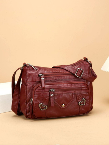 PU bőr válltáska, nagy kapacitású, többszörös rétegű kialakítás, vízszintes négyszögletes forma, zipzár