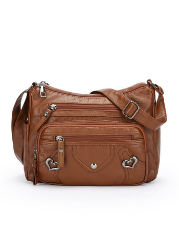 PU bőr válltáska, nagy kapacitású, többszörös rétegű kialakítás, vízszintes négyszögletes forma, zipzár