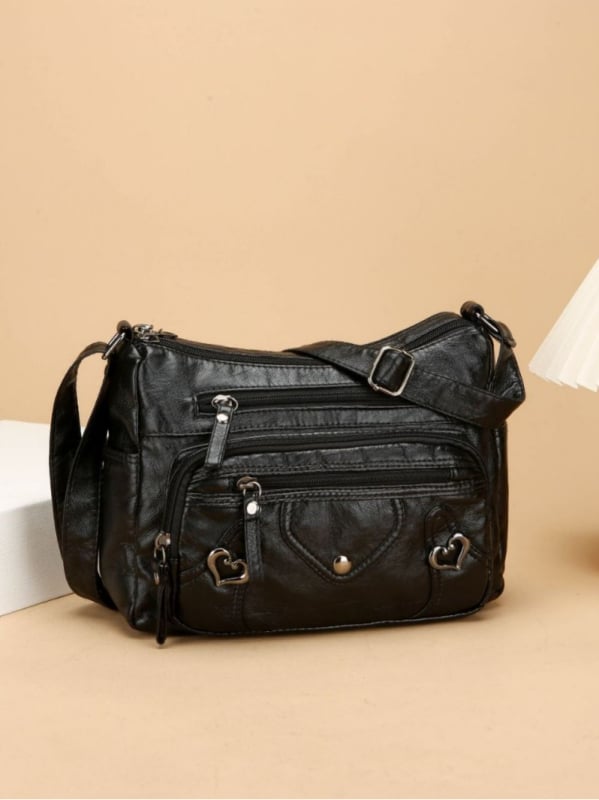 PU bőr válltáska, nagy kapacitású, többszörös rétegű kialakítás, vízszintes négyszögletes forma, zipzár