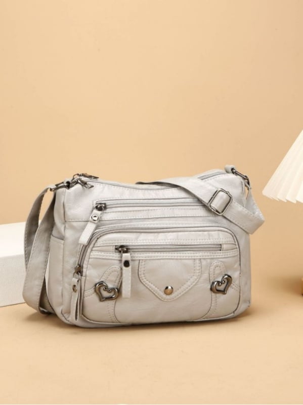 PU bőr válltáska, nagy kapacitású, többszörös rétegű kialakítás, vízszintes négyszögletes forma, zipzár