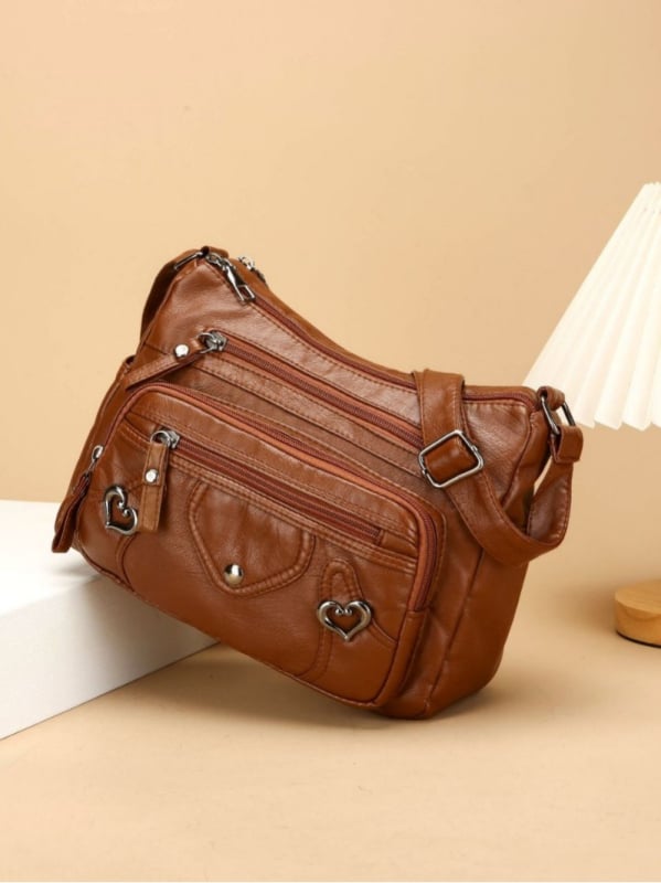 PU bőr válltáska, nagy kapacitású, többszörös rétegű kialakítás, vízszintes négyszögletes forma, zipzár