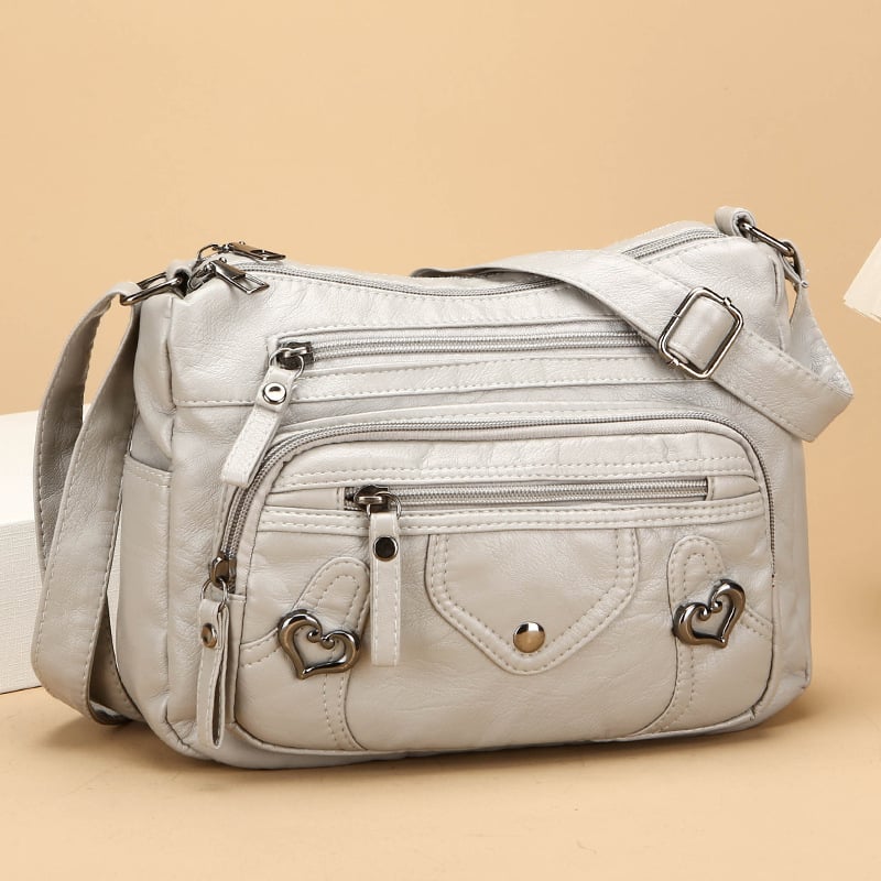 PU bőr válltáska, nagy kapacitású, többszörös rétegű kialakítás, vízszintes négyszögletes forma, zipzár