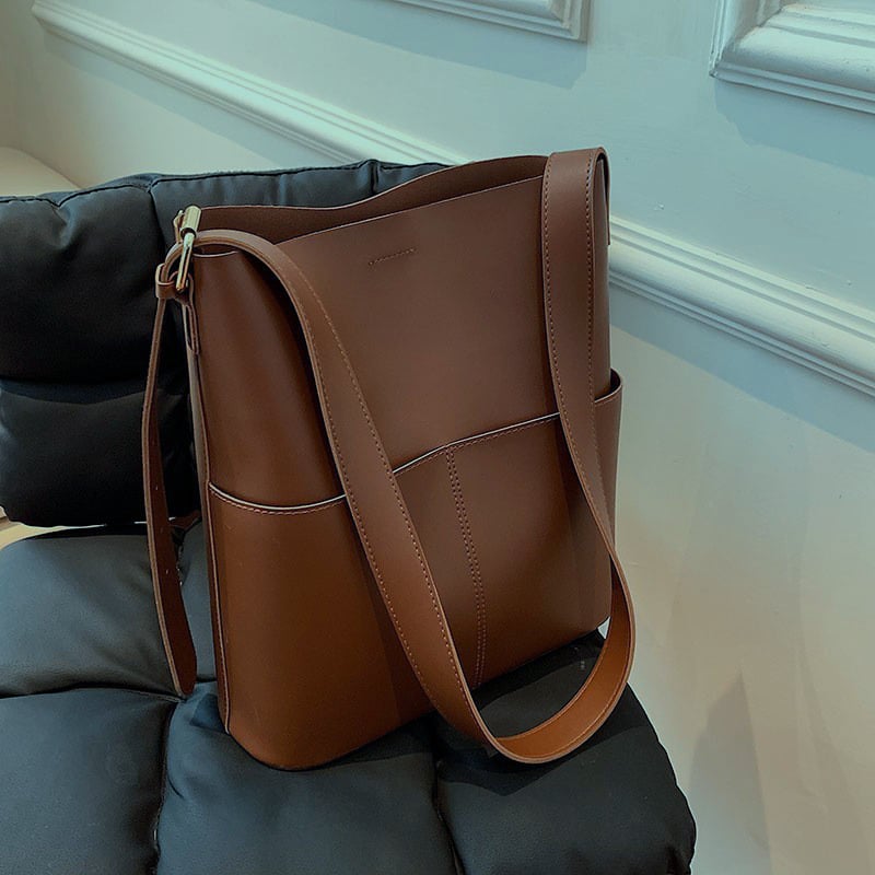 Geantă bucket bag pentru femei, material PU cu căptușeală PU, stil urban simplu, formă orizontală pătrată, Primăvara 2022