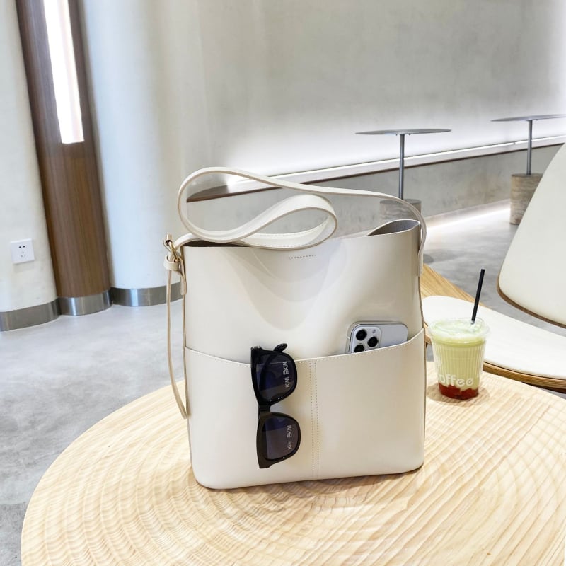 Geantă bucket bag pentru femei, material PU cu căptușeală PU, stil urban simplu, formă orizontală pătrată, Primăvara 2022