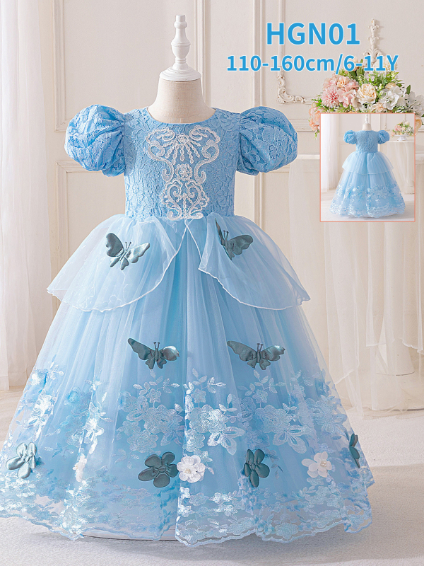 Lányoknak szóló ruha puffos ujjaival, applikációval és tüllal készült tutu szoknyával – hercegnő-stílus, enzimes mosásos felület, nyári modell 2025, 3–8 éveseknek