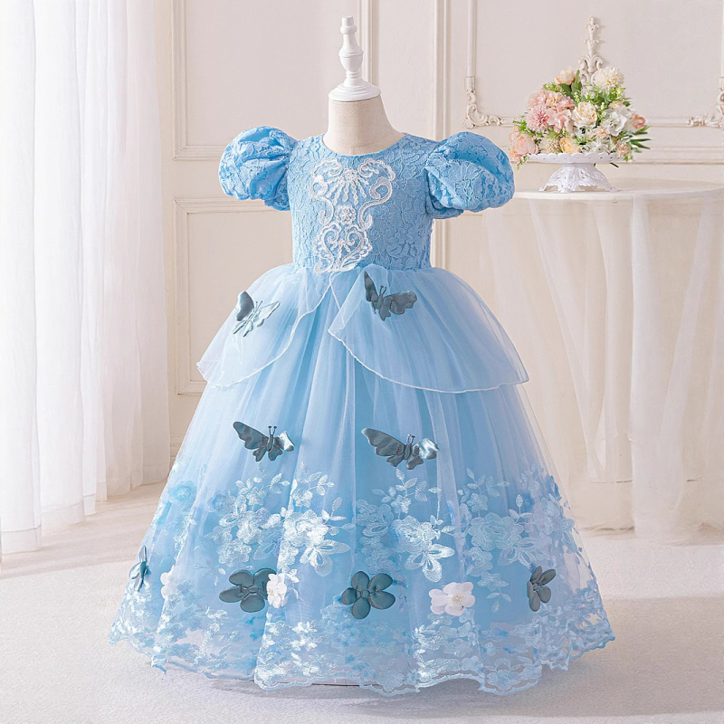Lányoknak szóló ruha puffos ujjaival, applikációval és tüllal készült tutu szoknyával – hercegnő-stílus, enzimes mosásos felület, nyári modell 2025, 3–8 éveseknek