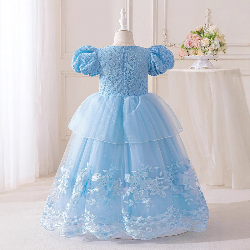 Lányoknak szóló ruha puffos ujjaival, applikációval és tüllal készült tutu szoknyával – hercegnő-stílus, enzimes mosásos felület, nyári modell 2025, 3–8 éveseknek
