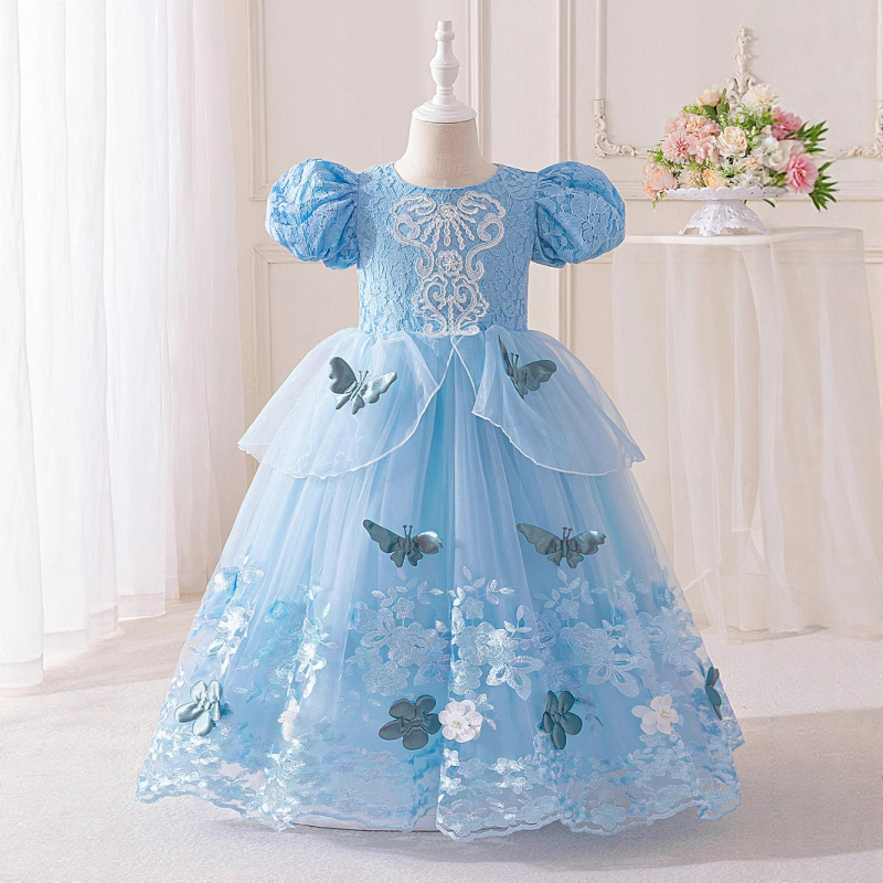 Lányoknak szóló ruha puffos ujjaival, applikációval és tüllal készült tutu szoknyával – hercegnő-stílus, enzimes mosásos felület, nyári modell 2025, 3–8 éveseknek