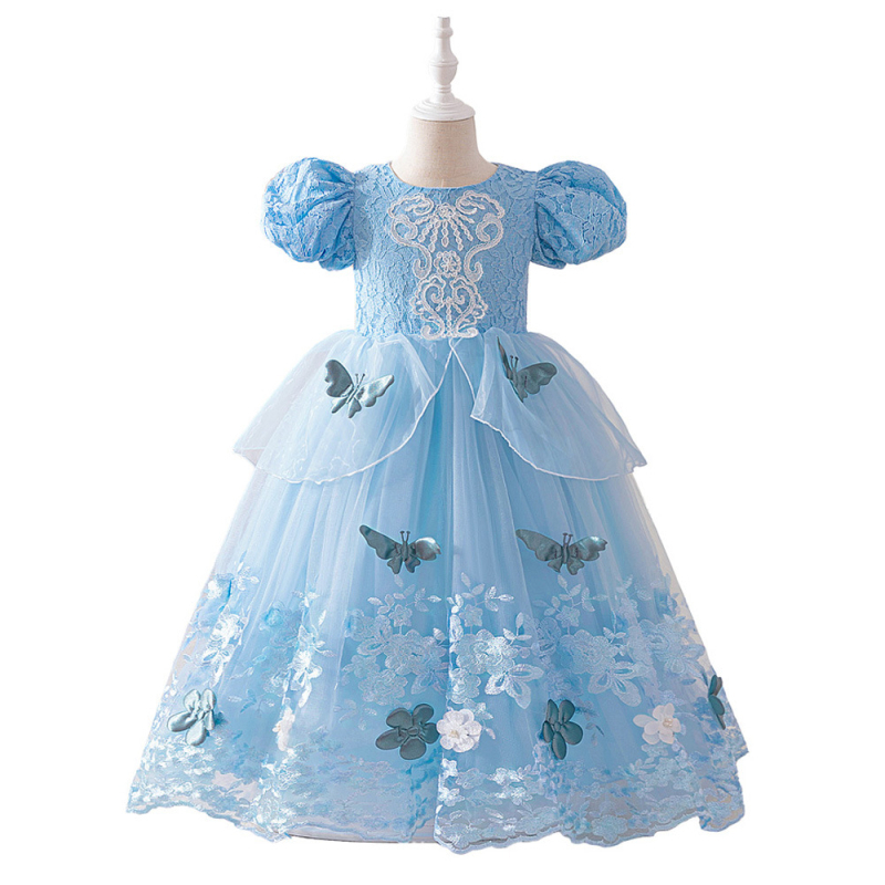 Lányoknak szóló ruha puffos ujjaival, applikációval és tüllal készült tutu szoknyával – hercegnő-stílus, enzimes mosásos felület, nyári modell 2025, 3–8 éveseknek