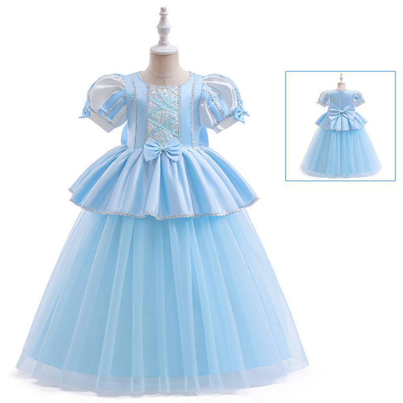 Lányoknak szóló Cinderella hercegnő ruhája lámpás ujjak, pliszírozott szatén ruha, 3–8 éveseknek, 65% poliészter, 35% pamut bélés