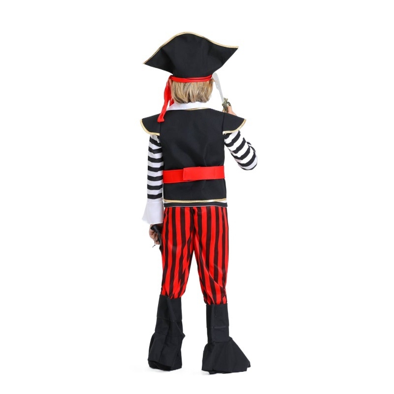 Детски пиратски костюм за Хелоуин за сценично представление — унисекс, трикотажен полиестер със спандекс, 70–80% полиестер, под 30% спандекс, подходящ за деца до 17 години, сценично облекло