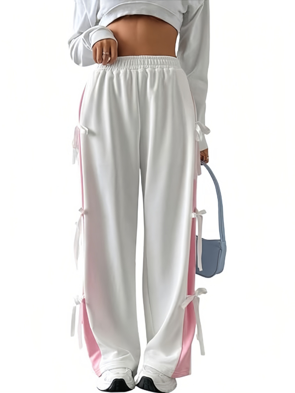 Moteriškos plačios sportinės kelnės su aukštu juosmeniu ir elastine juosta, medvilnė su elastanu, laisvas kirpimas, saldus stilius