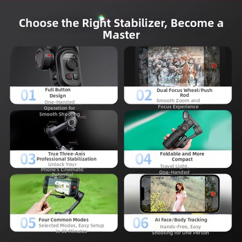 3-tengelyes kézi stabilizátor mobiltelefonhoz; manuális telepítés; kompatibilis 260 g-ig terjedő telefonokkal; súly 350 g; 2023-ban piacra dobva.