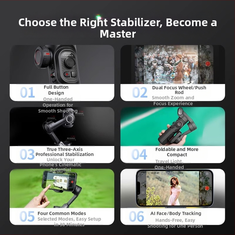 3-tengelyes kézi stabilizátor mobiltelefonhoz; manuális telepítés; kompatibilis 260 g-ig terjedő telefonokkal; súly 350 g; 2023-ban piacra dobva.