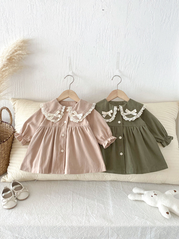 Φθινοπωρινό φόρεμα πριγκίπισσας για κορίτσια, 100% βαμβάκι, επένδυση από βαμβάκι, μακριά μανίκια, λαιμός τύπου κούκλας, για 1–3 χρόνια