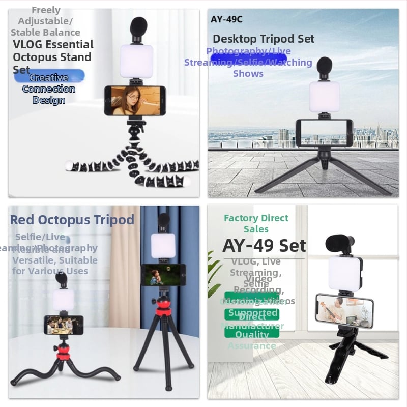 AY-49 Profesionāla fotogrāfijas apgaismojuma iekārta ar galda statīvu, tricolor LED gaisma, 2700K silti balta, E14 ligzda, regulējama spilgtuma