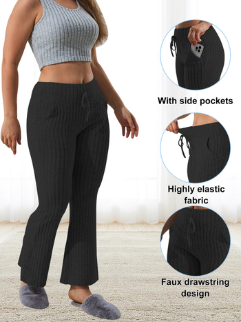 Дамски ежедневни панталони с камбанов силует, едноцветни, рибеста текстура и връзка за пристягане, леко разширени крачоли, полиестер 80–90% + еластан под 30%