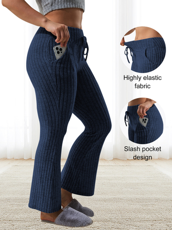 Дамски ежедневни панталони с камбанов силует, едноцветни, рибеста текстура и връзка за пристягане, леко разширени крачоли, полиестер 80–90% + еластан под 30%