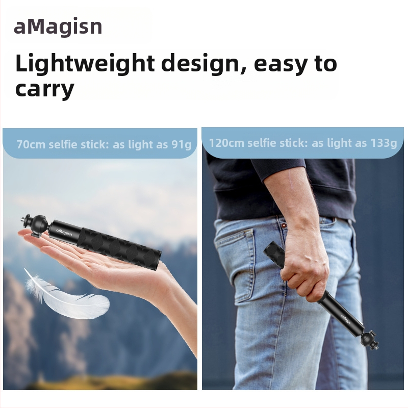 Rozšírená selfie tyč s guľovou hlavou pre športové kamery – hliníková zliatina + nerezová oceľ; kompatibilné s Insta360, DJI, GoPro; Značka Amagisn Amy