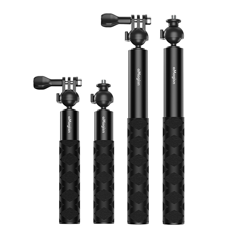 Izstiepjams selfie sticks ar kugļu galvu sportkamerām – alumīnija sakausējums + nerūsējošais tērauds; saderīgs ar Insta360, DJI, GoPro; zīmols Amagisn Amy