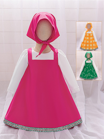 Rochie cosplay pentru fete cu imprimeu Masha și Ursul, material principal poliester 65% cu căptușeală din bumbac 35%, plisată, tratament cu enzime, pentru copii 3–8 ani