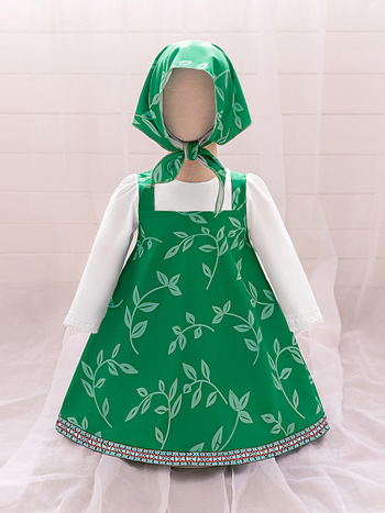 Rochie cosplay pentru fete cu imprimeu Masha și Ursul, material principal poliester 65% cu căptușeală din bumbac 35%, plisată, tratament cu enzime, pentru copii 3–8 ani