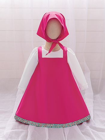 Rochie cosplay pentru fete cu imprimeu Masha și Ursul, material principal poliester 65% cu căptușeală din bumbac 35%, plisată, tratament cu enzime, pentru copii 3–8 ani