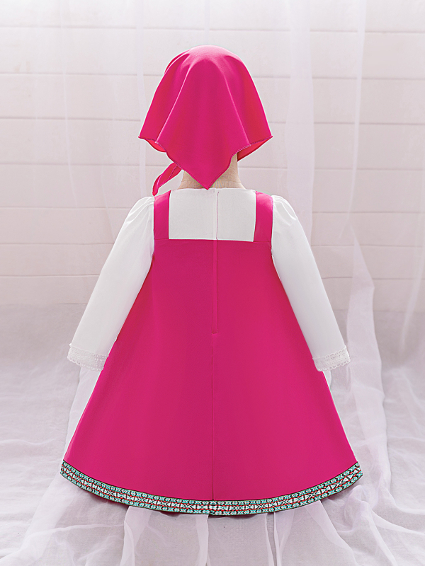 Rochie cosplay pentru fete cu imprimeu Masha și Ursul, material principal poliester 65% cu căptușeală din bumbac 35%, plisată, tratament cu enzime, pentru copii 3–8 ani