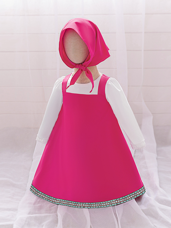 Rochie cosplay pentru fete cu imprimeu Masha și Ursul, material principal poliester 65% cu căptușeală din bumbac 35%, plisată, tratament cu enzime, pentru copii 3–8 ani